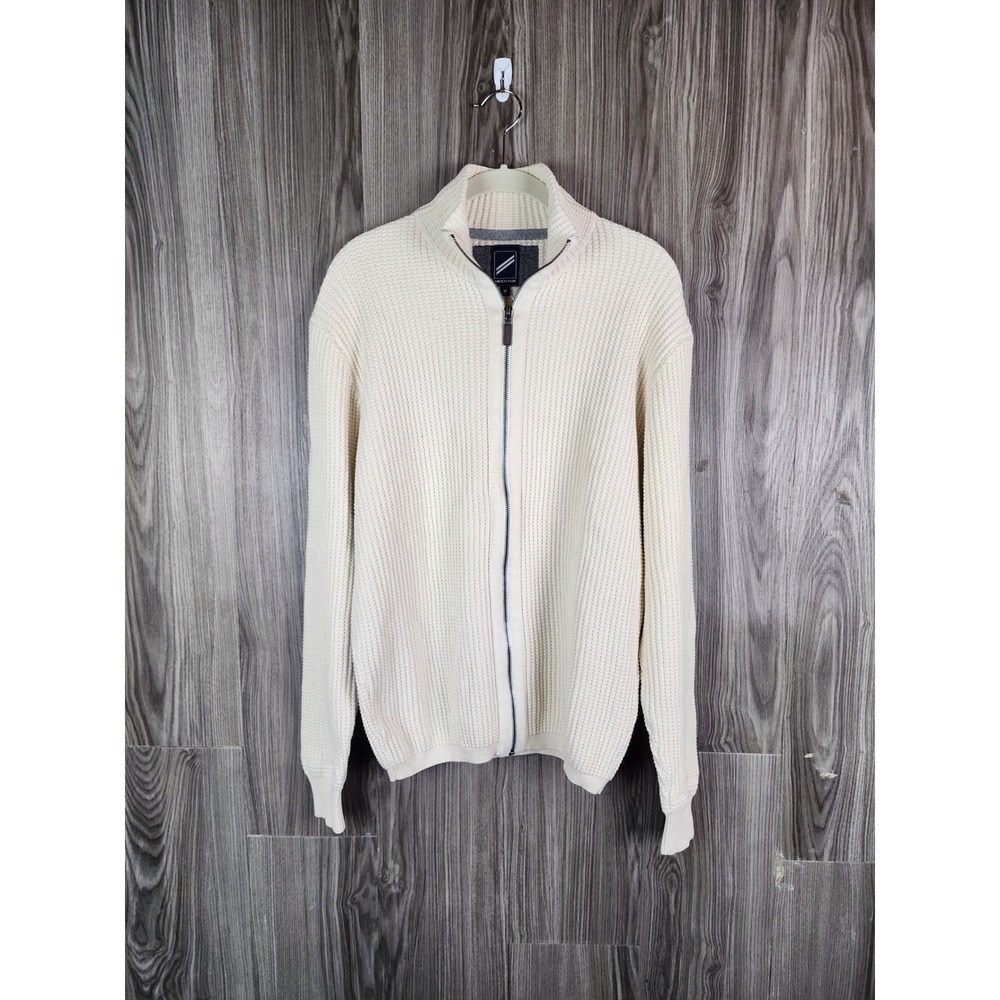 Hechter Paris Mens Full Zip Cardigan Sweater Cream Ribbed Knit Mock Neck Size M